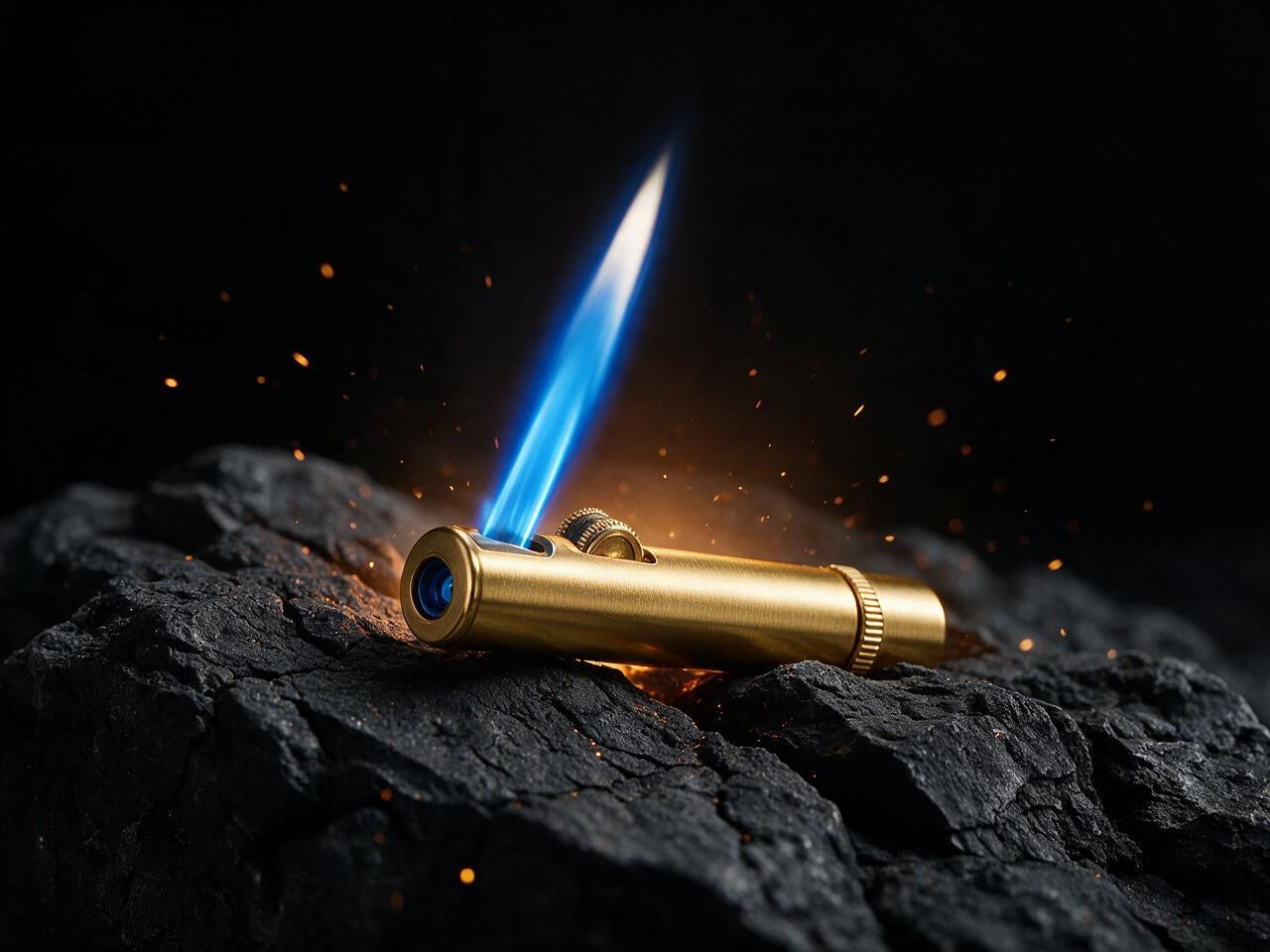 Gold torch lighter with a blue flame