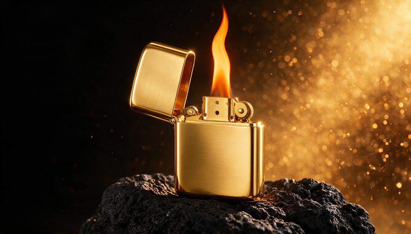 Premium gold metal lighter with a lit flame